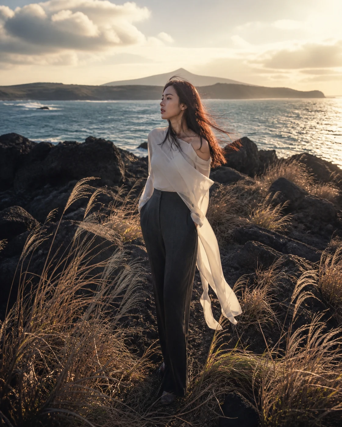 Fictional K-pop concept model in a Jeju-inspired volcanic coast editorial